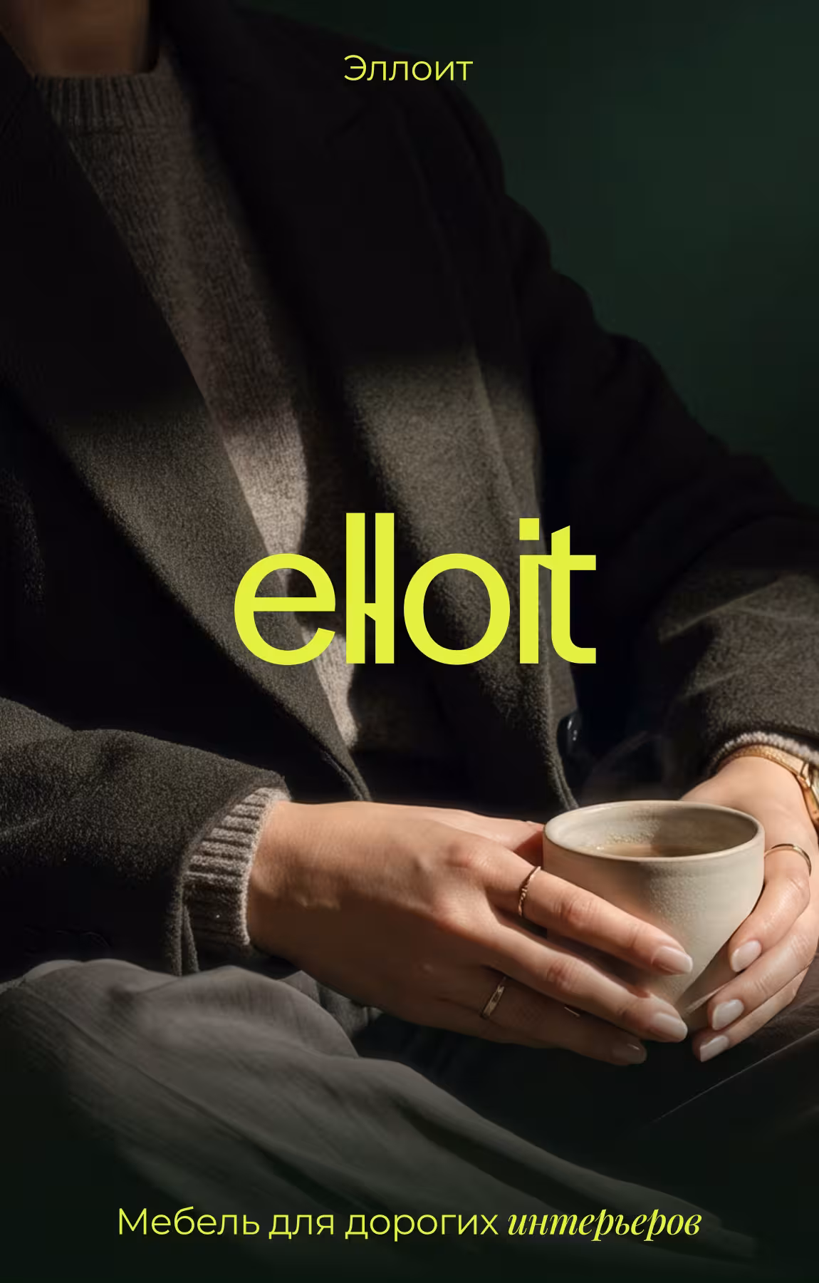 Айдентика мебельного бренда Elloit: кадр с логотипом и подписью «мебель для дорогих интерьеров»